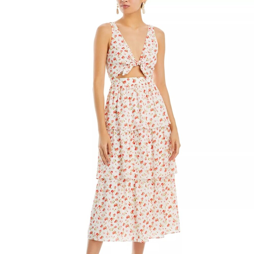 NWT WAYF Jaci Tiered Floral Tie Front Midi Dress in Ivory Rose - Size Large